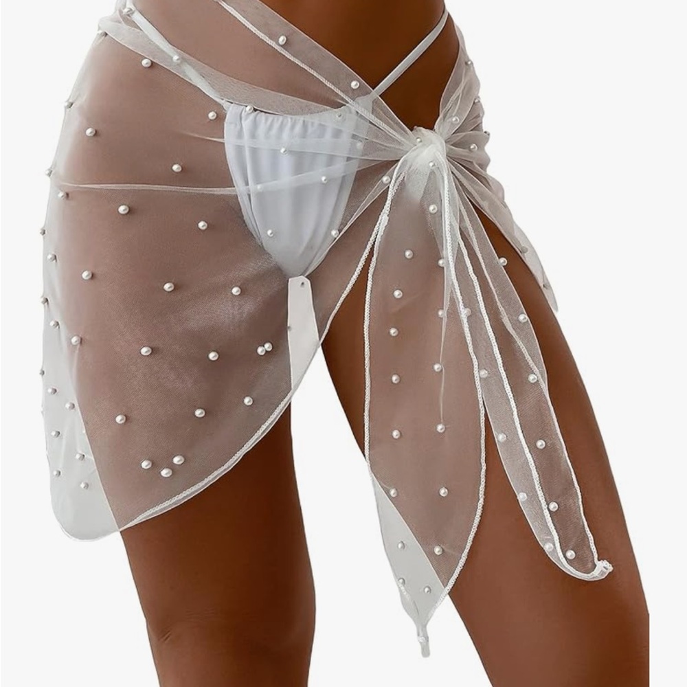 Elegant White Sheer Pearl-Embellished Swim Sarong